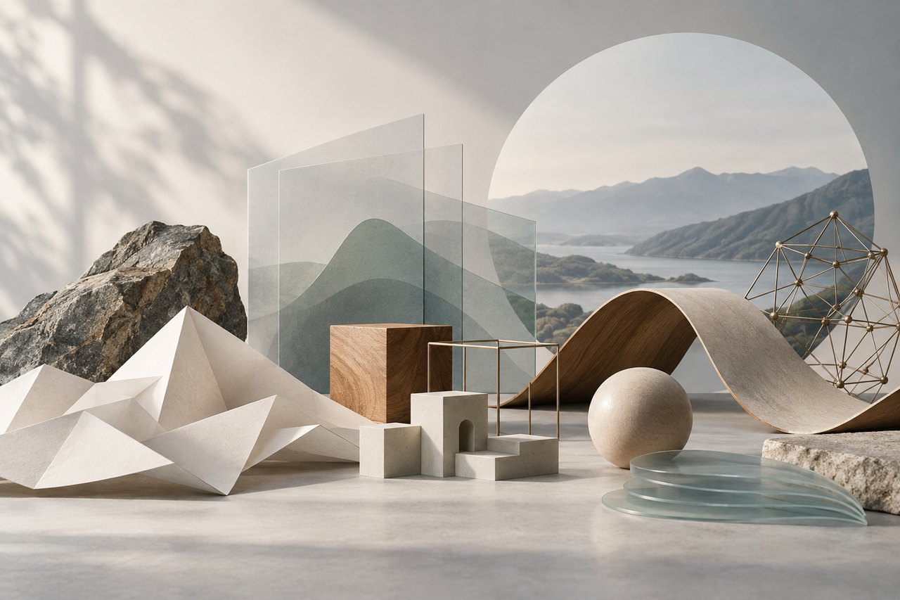 An editorial still life: folded paper peaks, stacked translucent panels, a curved wooden sheet, a brass wireframe polyhedron and pale stone forms arranged in front of a circular view of a lake between mountains.